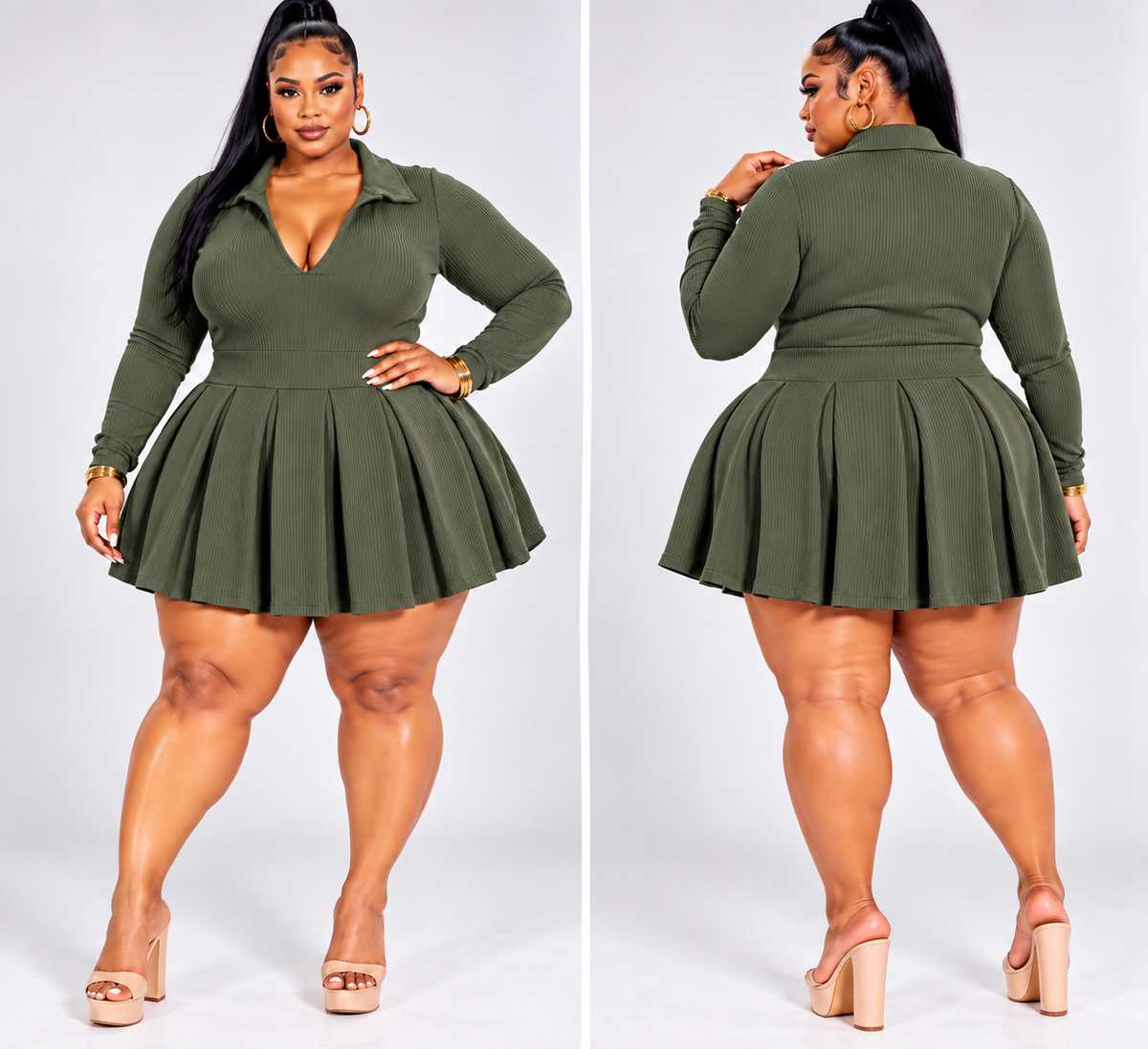 PLUS SIZE "PLEATED & PRESSURE" DRESS-OLIVE