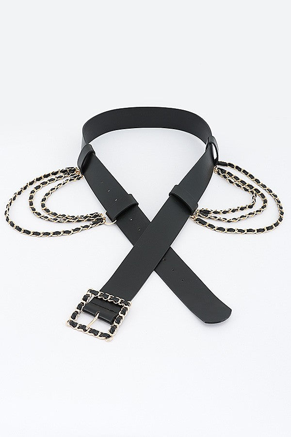 Chain Woven Buckle Tassel Waist Belt BLACK/GOLD-23
