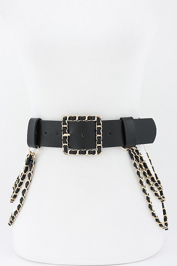 Chain Woven Buckle Tassel Waist Belt BLACK/GOLD-23