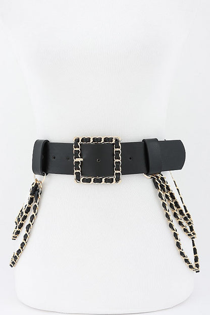 Chain Woven Buckle Tassel Waist Belt BLACK/GOLD-23