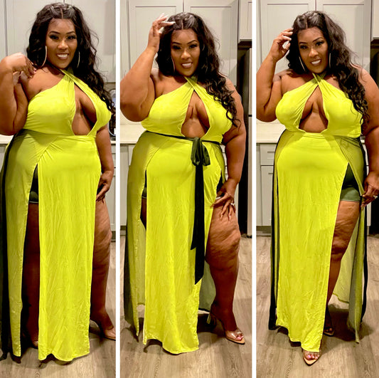 PLUS SIZE CUTOUT HALTER NECK WAIST TIE MAXI DRESS