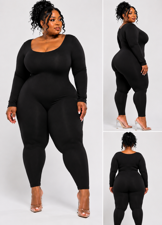 PLUS SIZE BASIC LONG SLEEVE BODYSUIT-BLACK