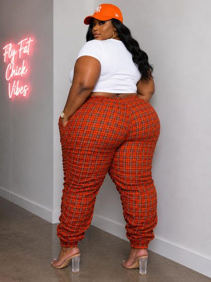 PLUS SIZE "PLAID ON PURPOSE" SCRUNCH PANTS-ORANGE