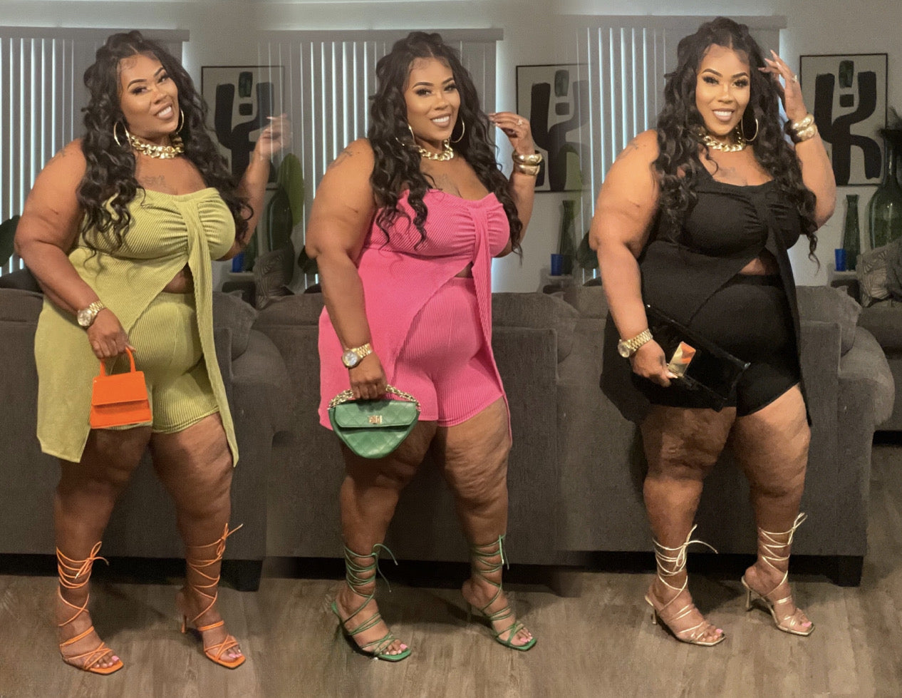 PLUS SIZE RIBBED HALTER TOP & 2-PIECE SHORT SET-