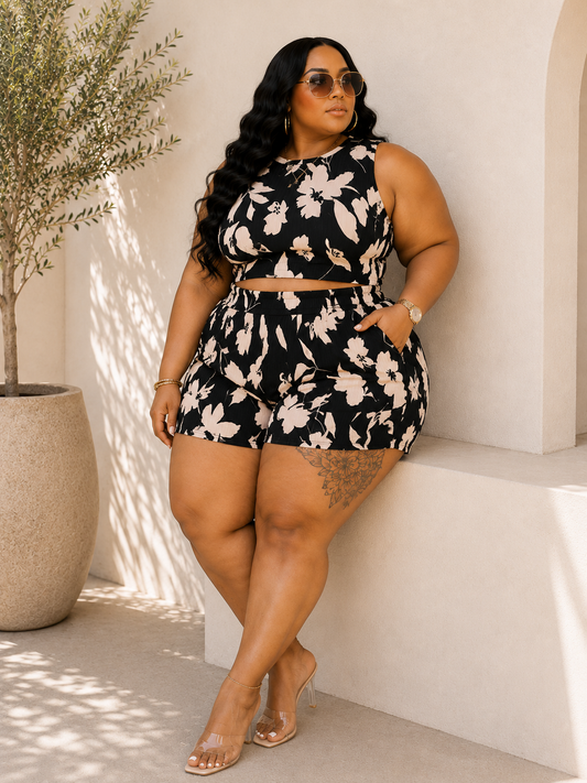 PLUS SIZE "VACATION MODE " CRINKLE SHORT SET-BLACK