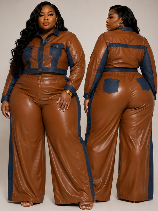 PLUS SIZE FAUX LEATHER 2-PIECE PANT SET-COGNAC/DENIM-31