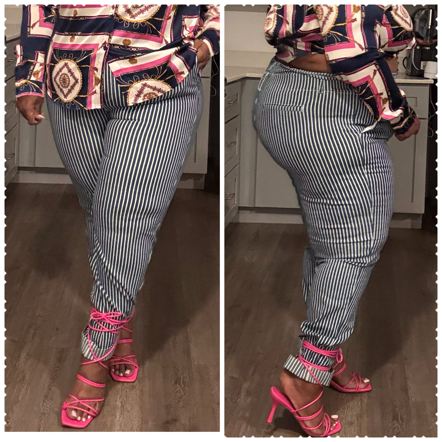 PLUS SIZE STRIPED PAPERBAG DENIM PANTS