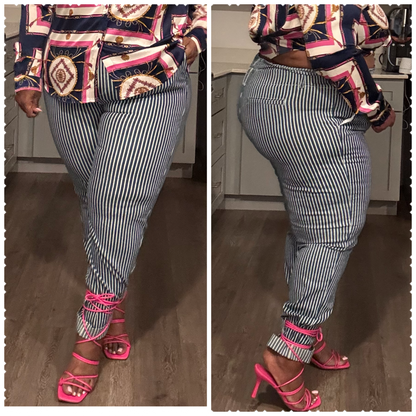 PLUS SIZE STRIPED PAPERBAG DENIM PANTS