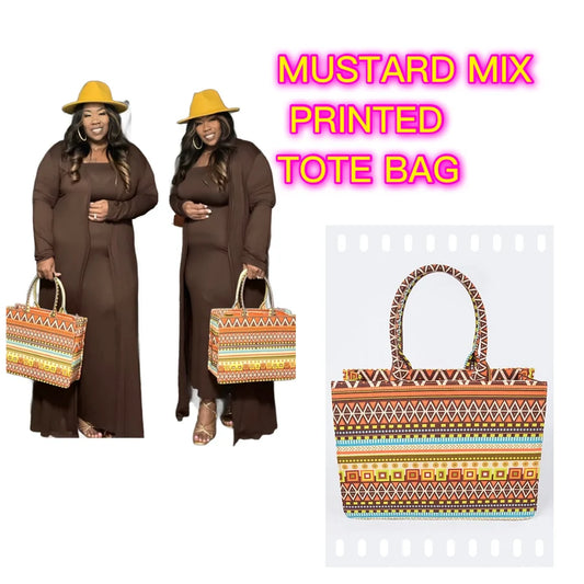 MUSTARD Multi Pattern Woven Canvas Tote Bag