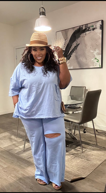 BABY BLUE PLUS SIZE 2-PIECE OVERSIZED "JUST CHILL SET"