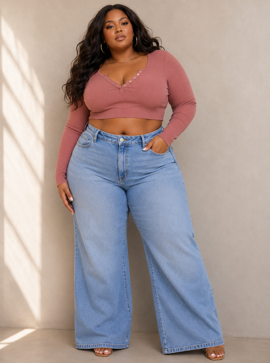 PLUS SIZE LONG SLEEVE RIBBED CROP TOP-MAUVE-64