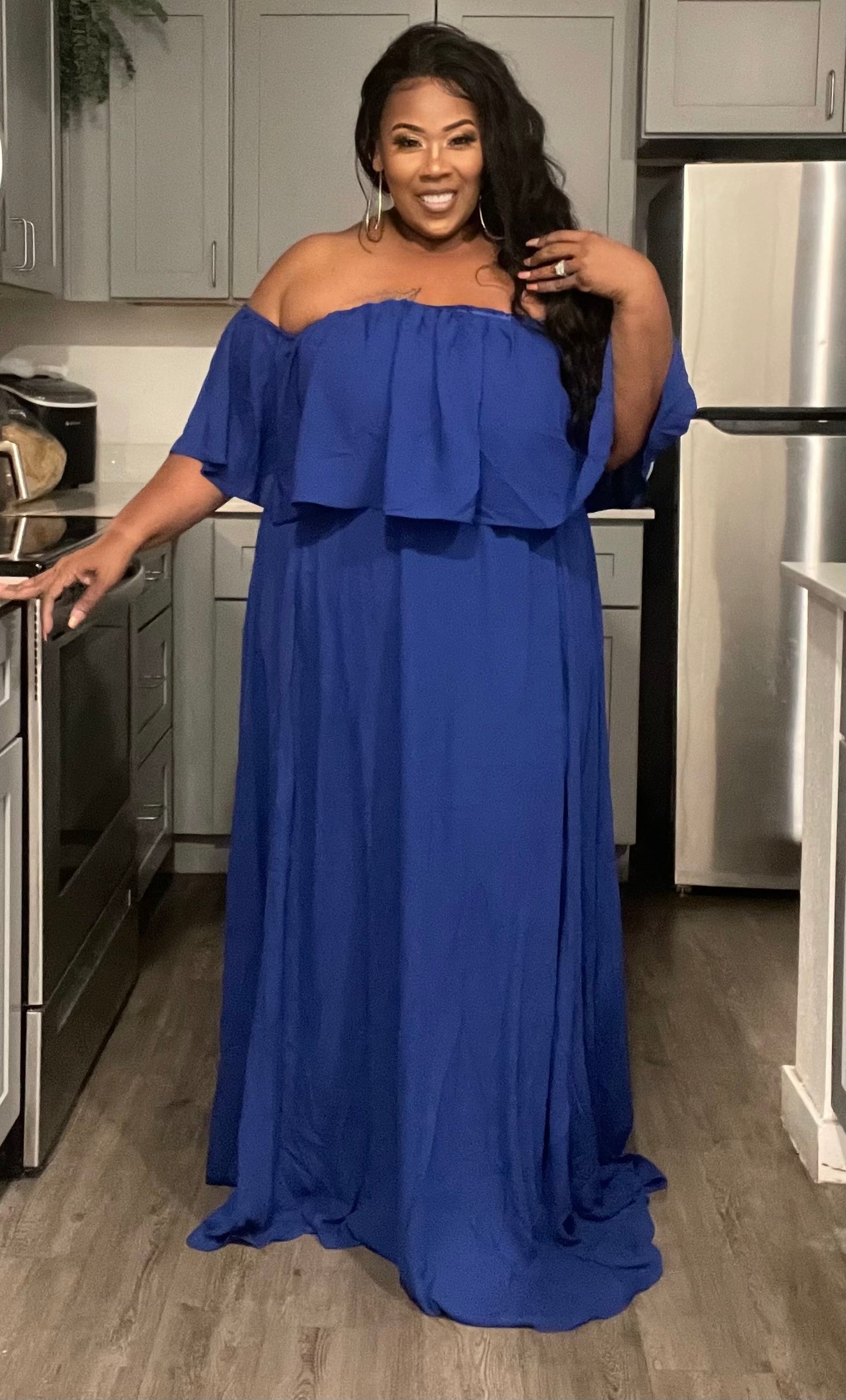 PLUS SIZE RUFFLE OFF SHOULDER ELASTIC WAIST MAXI DRESS-BLUE