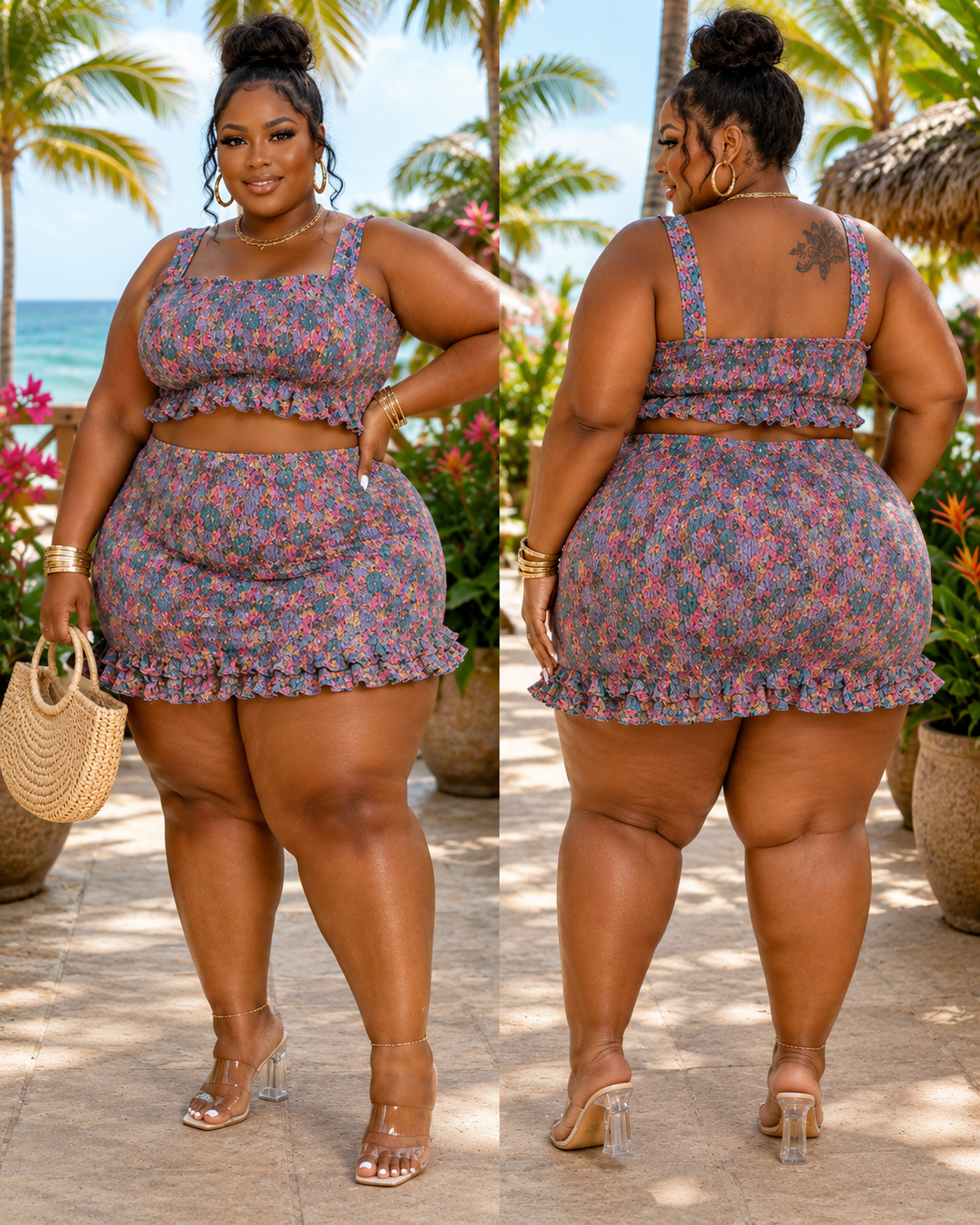 PLUS SIZE "CABAN CUTIE" 2-PIECE MINI SKIRT SET-BLUE MIX-24