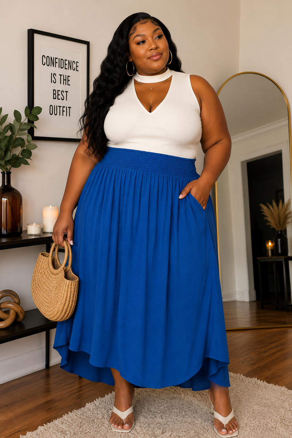 PLUS SIZE Crinkle smocked waist side slit maxi skirt w/pockets-BLUE