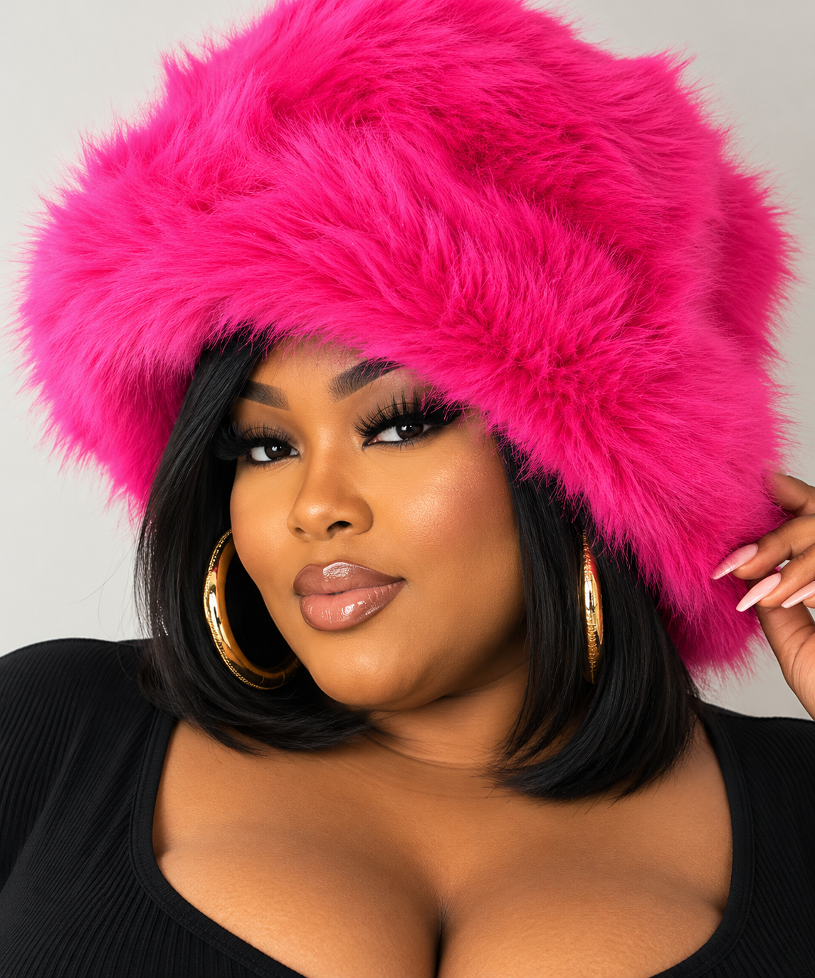 Wide Fluffy Faux Fur Bucket Hat-FUSCHIA