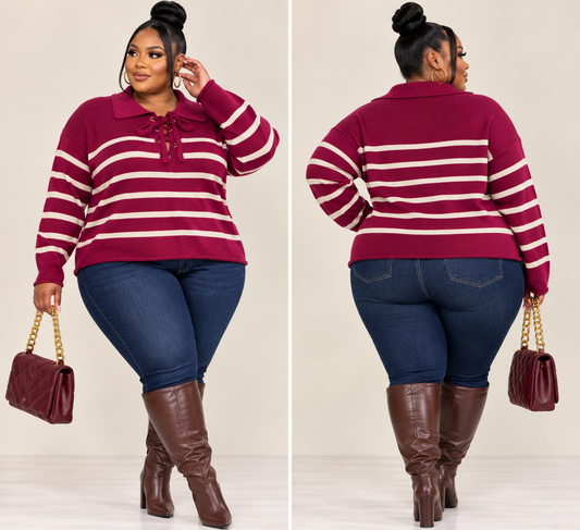 PLUS SIZE LONG SLEEVE V-NECK LACE UP COLORBLOCK STRIPES PULLOVER SWEATER-47