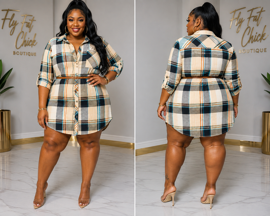 PLUS SIZE Plaid Print V-Neck Lightweight Belt Shirts Dress-TEAL MIX-13