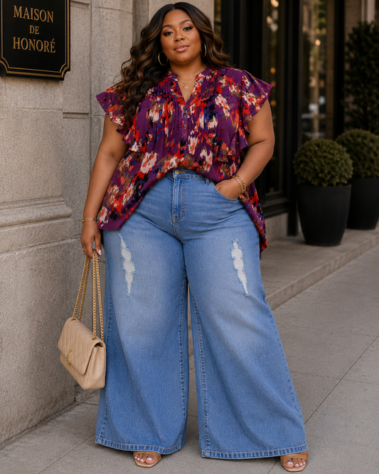 PLUS SIZE MULTI PRINTED RUFFLE SLEEVE TOP