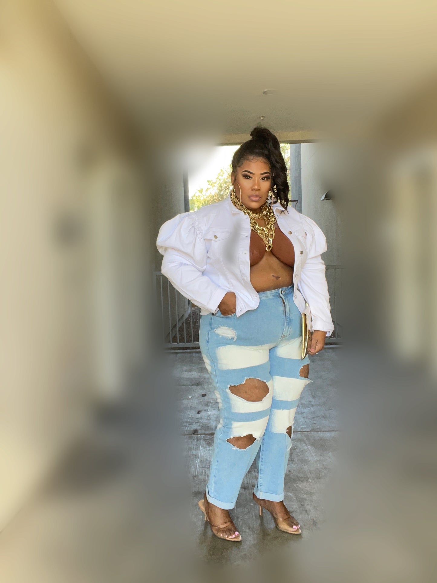 PLUS SIZE PUFF SLEEVE BUTTON DENIM JACKET