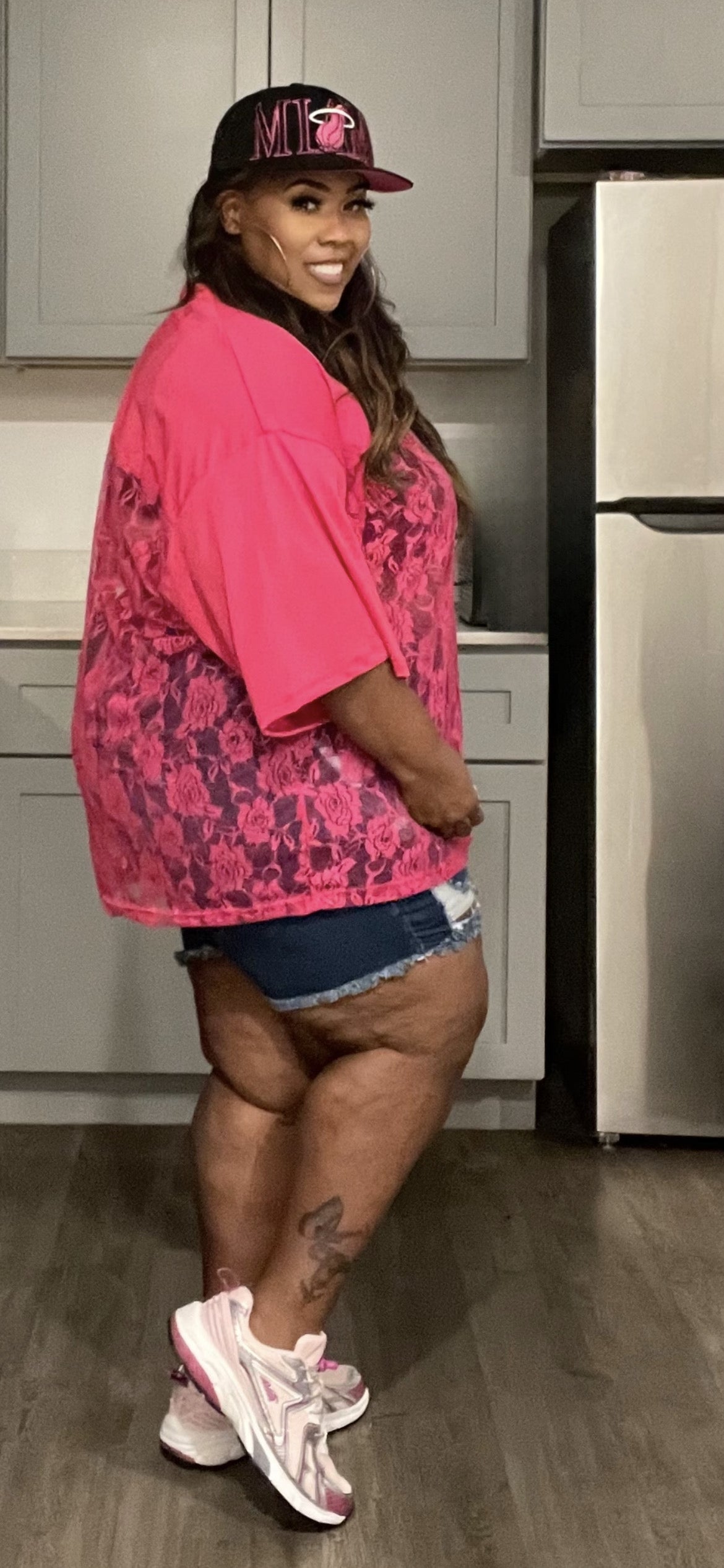 PLUS SIZE LACE JERSEY TOP-HOT PINK