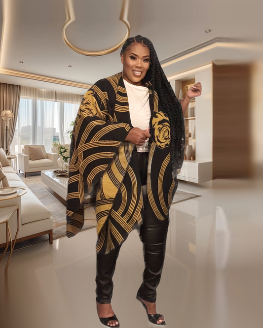 PLUS SIZE GEOMETRIC PRINT OPEN FRONT KIMONO-BLACK/GOLD