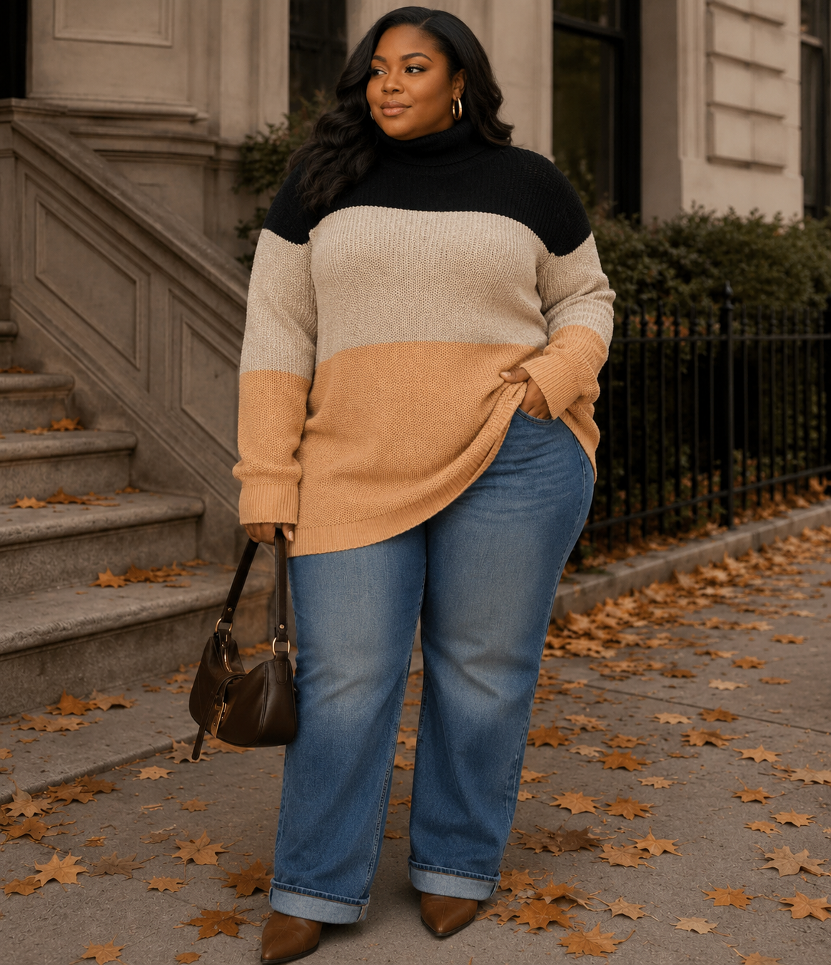 PLUS SIZE LONG SLEEVE TURTLE NECK COLORBLOCK PULLOVER KNIT SWEATER