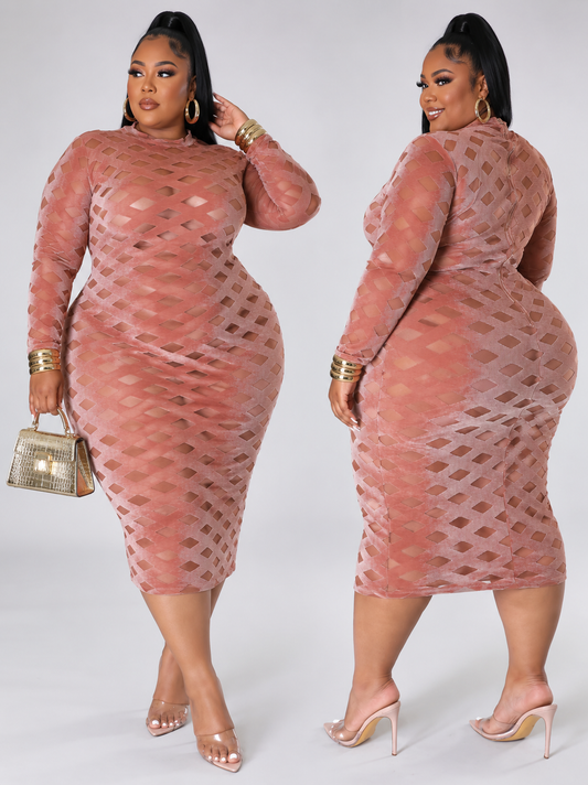 PLUS SIZE "RISKY BIDNESS MESH & VELVET DRESS"-DUSTY MAUVE-59