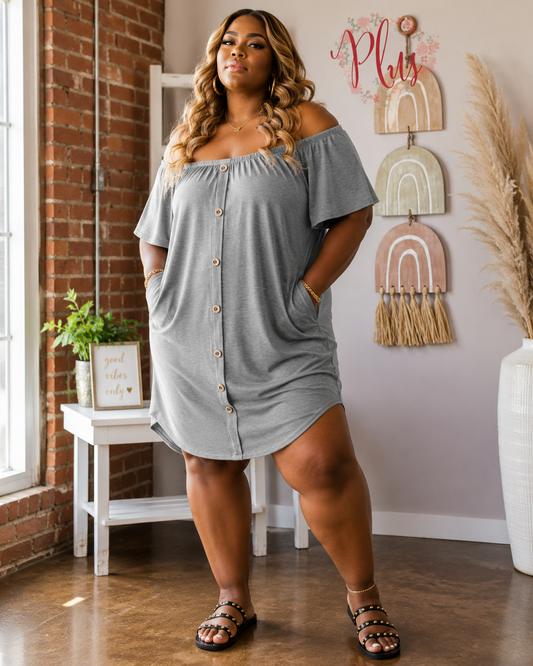 Plus Size Off Shoulder Solid Mini Dress W/Button-GREY-18