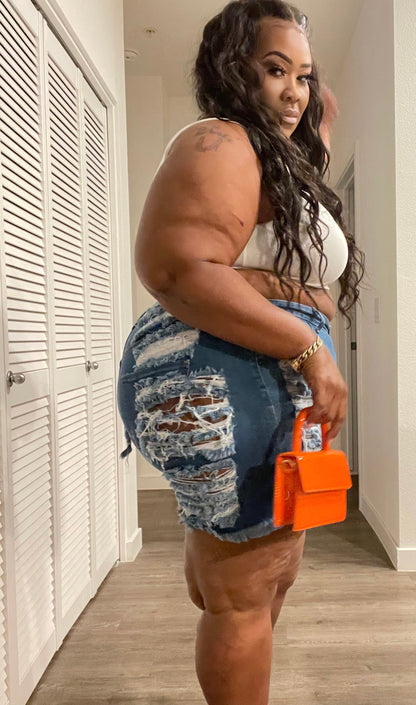 PLUS SIZE DOUBLE SLICED SHORTS-DARK DENIM