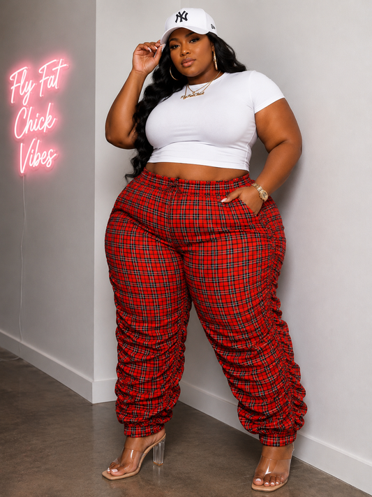 PLUS SIZE "PLAID ON PURPOSE" SCRUNCH PANTS-RED-54