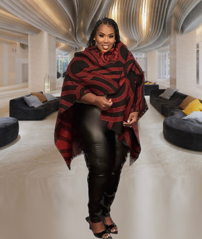 PLUS SIZE GEOMETRIC PRINT OPEN FRONT KIMONO-RED/BLACK