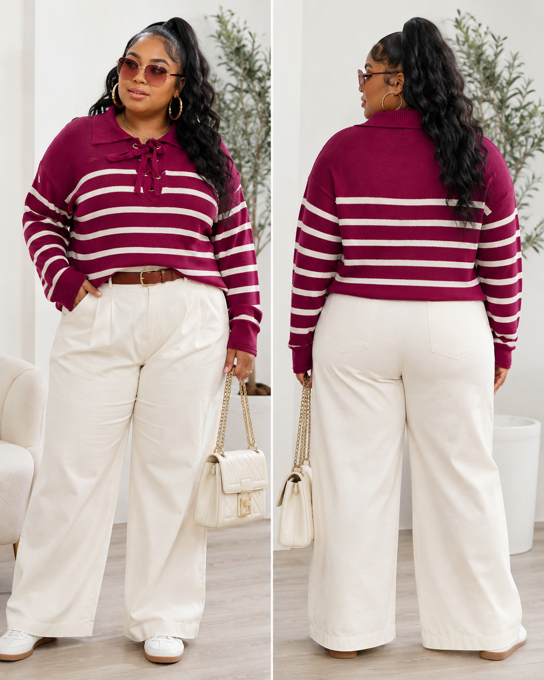 PLUS SIZE LONG SLEEVE V-NECK LACE UP COLORBLOCK STRIPES PULLOVER SWEATER