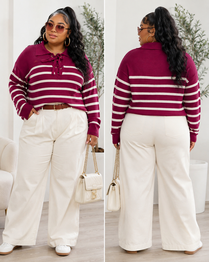 PLUS SIZE LONG SLEEVE V-NECK LACE UP COLORBLOCK STRIPES PULLOVER SWEATER