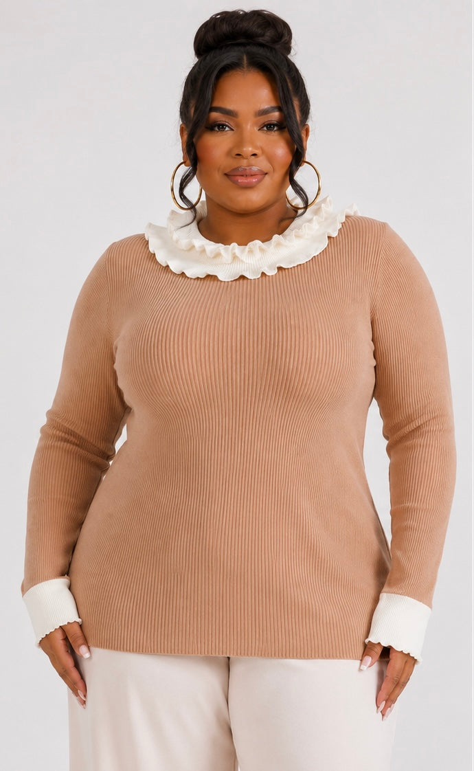 PLUS SIZE LONG SLEEVES RUFFLE COLLAR DETAILED RIBBED TOP-58