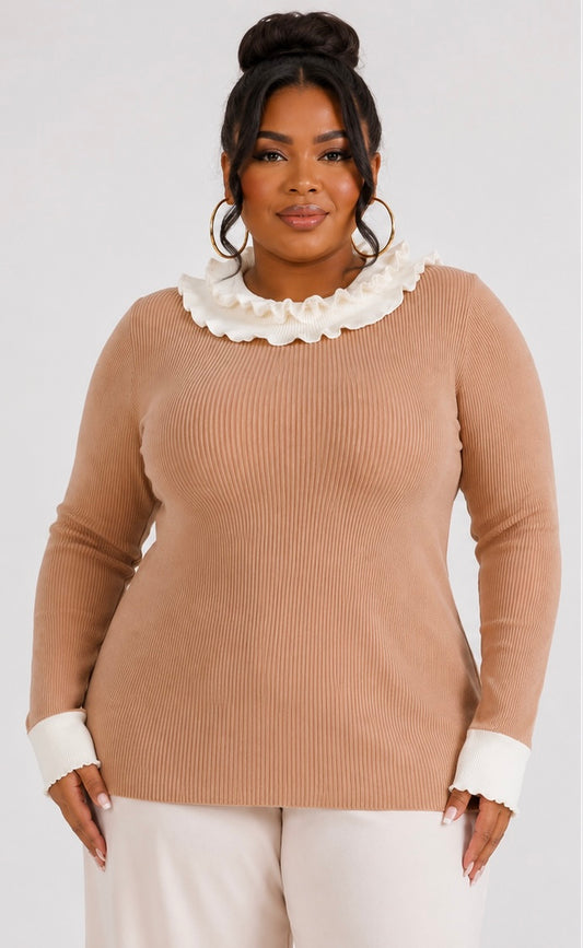 PLUS SIZE LONG SLEEVES RUFFLE COLLAR DETAILED RIBBED TOP-58