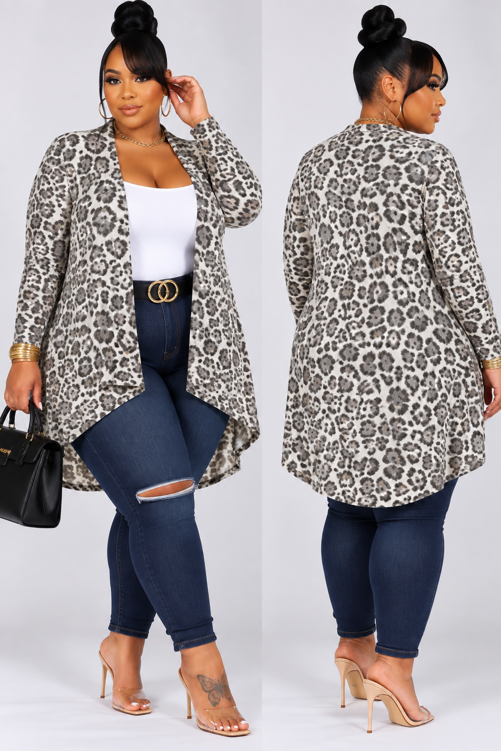 PLUS SIZE "JUST WILDIN" OPEN FRONT CARDIGAN-GREY MIX