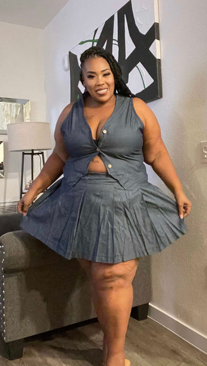PLUS SIZE CHAMBROY (NON STRETCH) 2-PIECE SKIRT SET-DARK DENIM