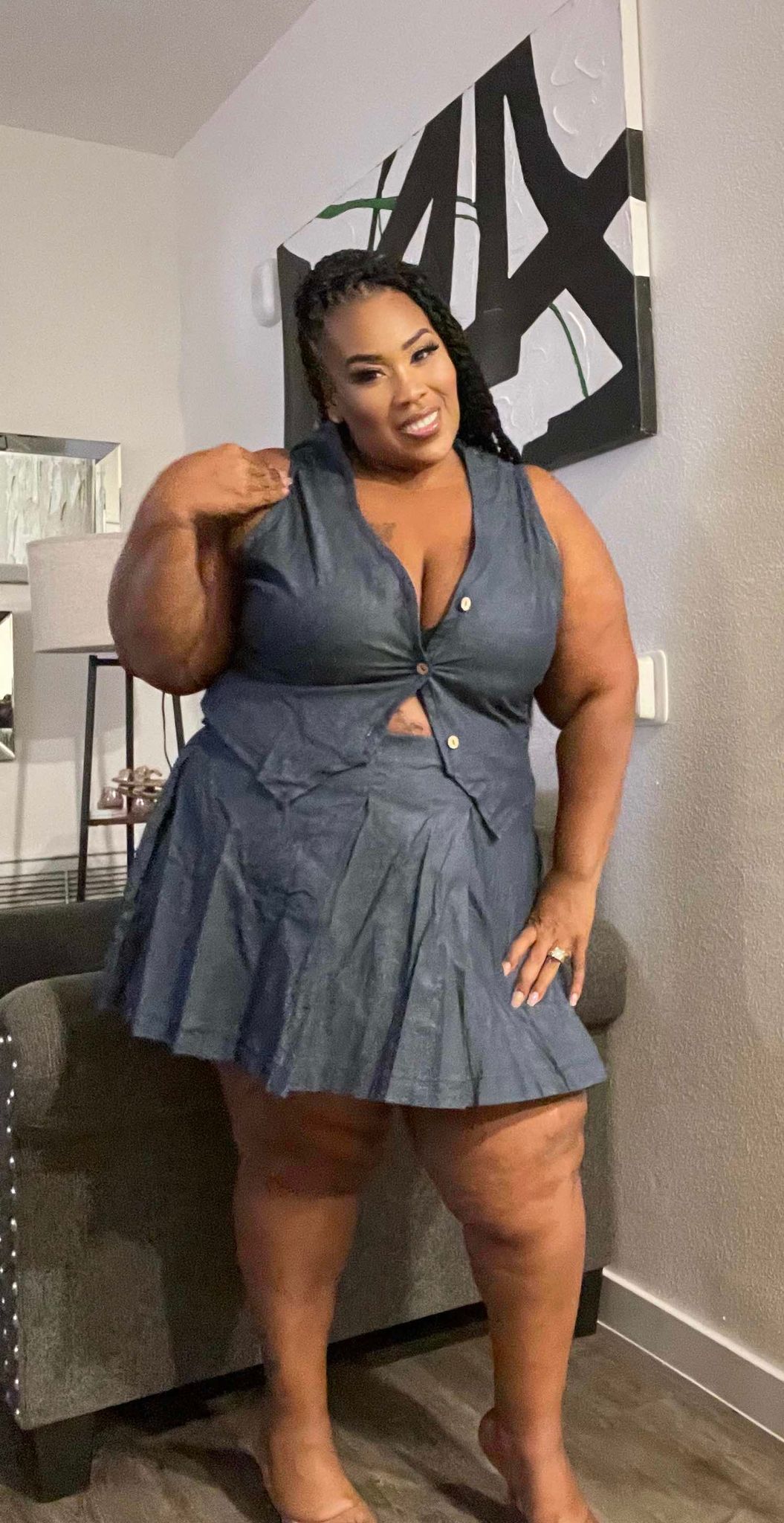 PLUS SIZE CHAMBROY (NON STRETCH) 2-PIECE SKIRT SET-DARK DENIM