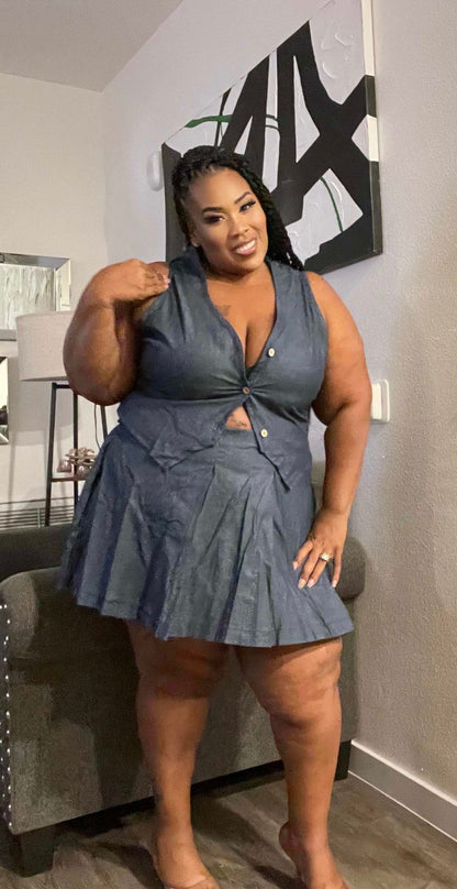 PLUS SIZE CHAMBROY (NON STRETCH) 2-PIECE SKIRT SET-DARK DENIM