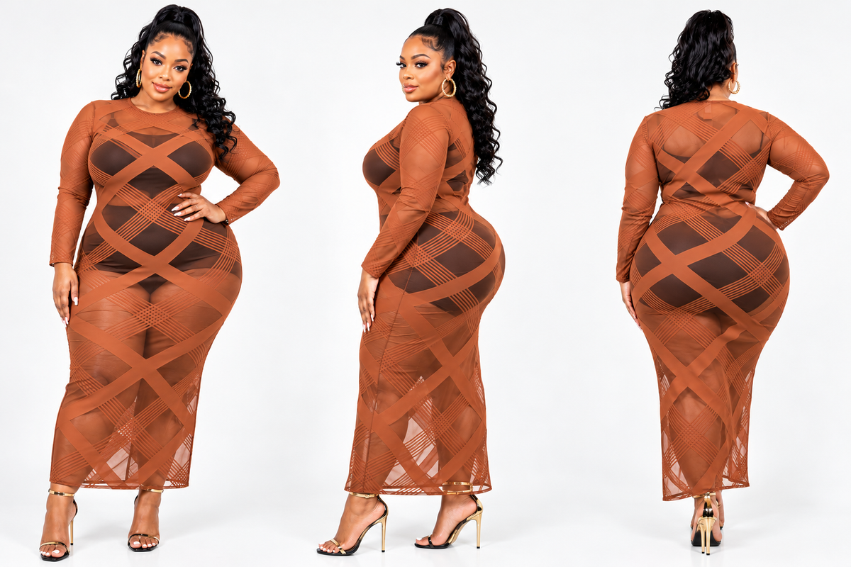PLUS SIZE "ALL EYEZZZ ON ME" MESH DRESS-COGNAC-31