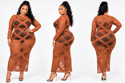 PLUS SIZE "ALL EYEZZZ ON ME" MESH DRESS-COGNAC-31
