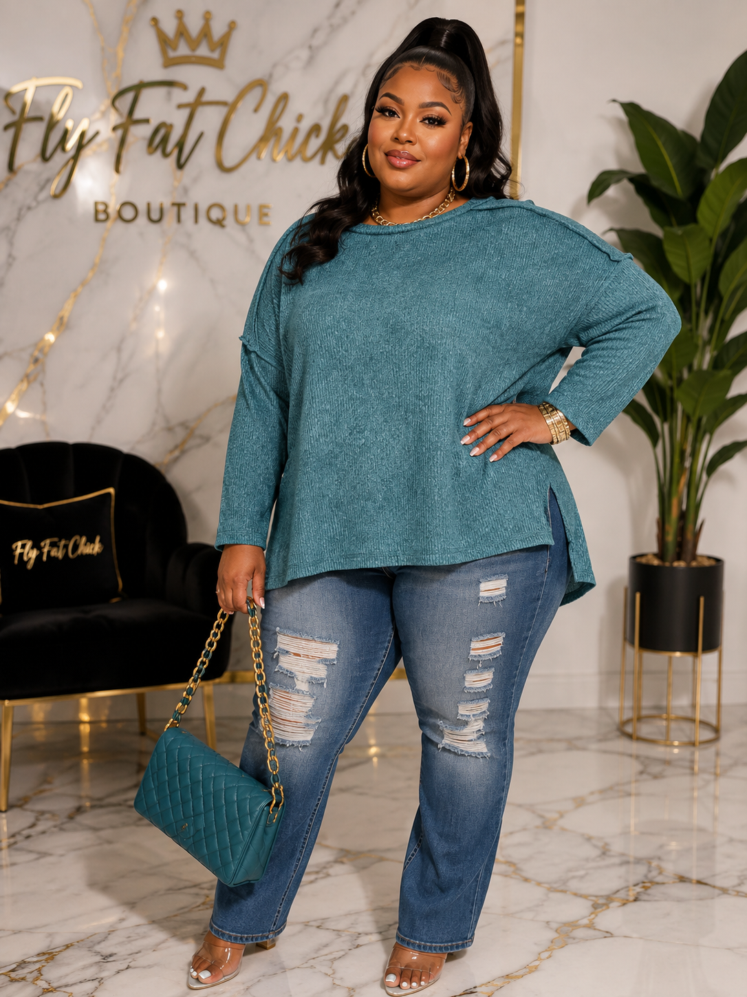 Plus Brushed Ribbed Hacci Hi-low Sweater-TEAL