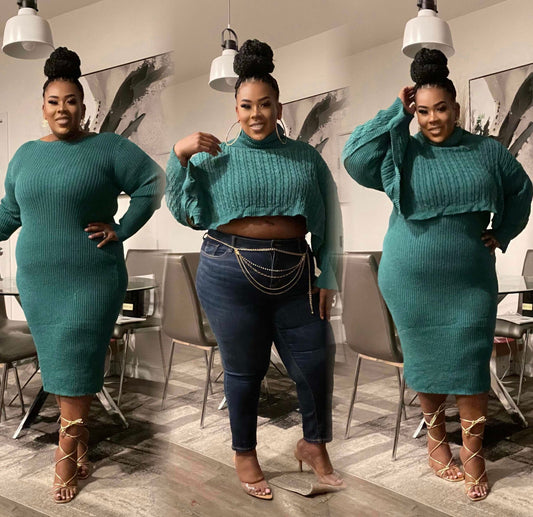 SHAWL & RIBBED SWEATER DRESS SET-TEAL.