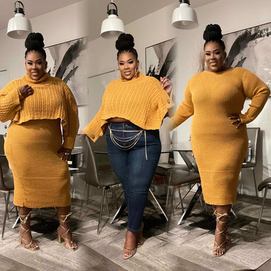 SHAWL & RIBBED SWEATER DRESS SET-MUSTARD.