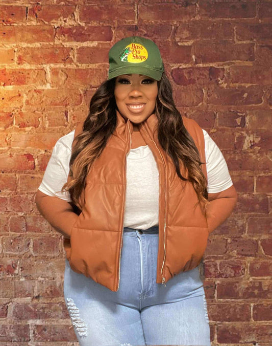 PLUS SIZE FAUX LEATHER PUFFER VEST-CAMEL