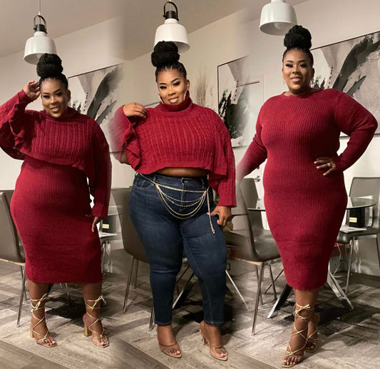 SHAWL & RIBBED SWEATER DRESS SET-BURGUNDY.