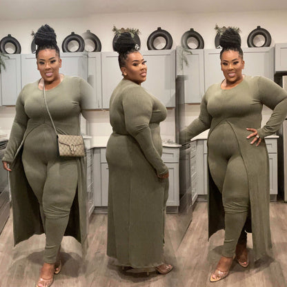 RIBBED 2-PIECE SPLIT TOP PANT SET-