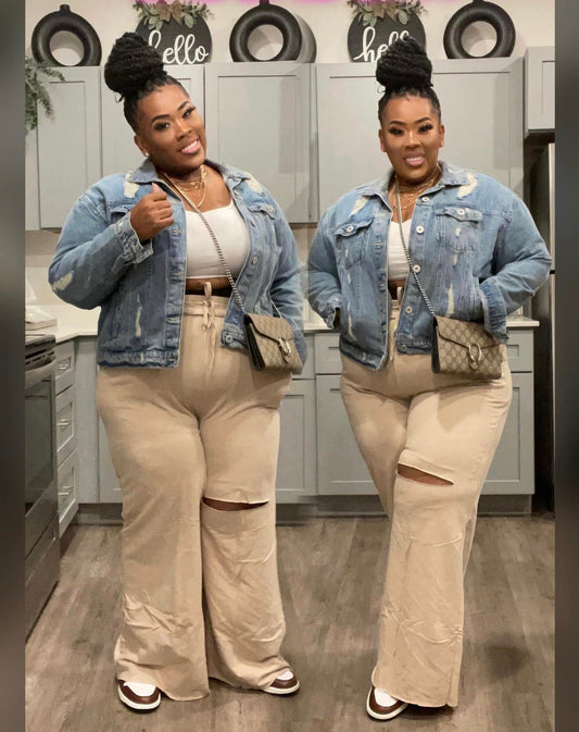 PLUS SIZE WIDE LEG SLICED KNEE -POCKET PANTS-KHAKI