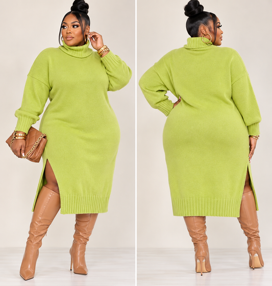 PLUS SIZE LONG SLEEVE TURTLE NECK SIDE SLIT SWEATER DRESS-04
