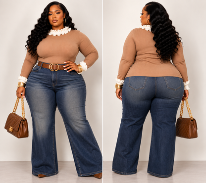 PLUS SIZE LONG SLEEVES RUFFLE COLLAR DETAILED RIBBED TOP-58